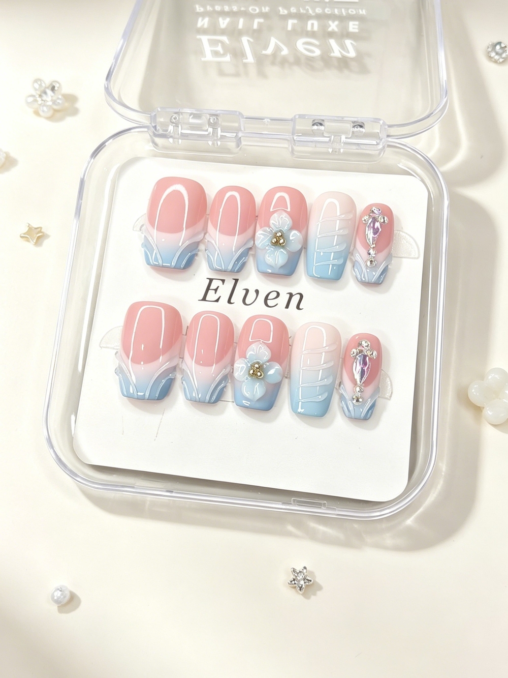 Pink Blue Ombre Press On Nails with Flowers & Crystals Short Square Nails